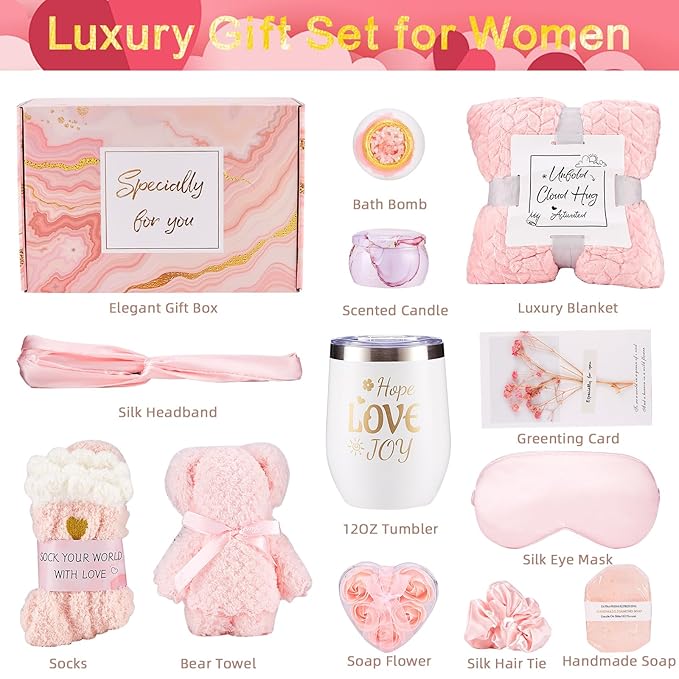 Birthday Gifts for Women - Luxury Self Care Gift Basket for Her, Mom, Sister, Bestied Coworker - Unique Spa Care Package with Flannel Blanket - Ideal for Mother's Day, Get Well Soon