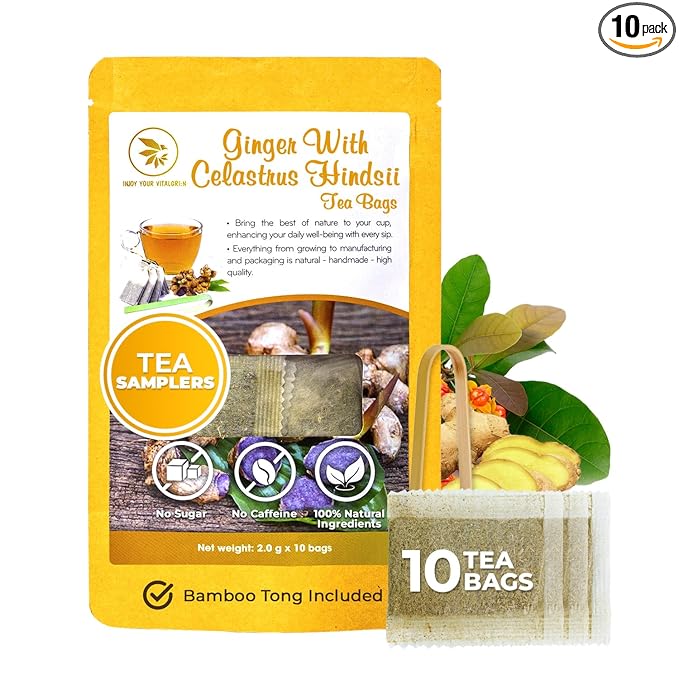 Pure Ginger Tea Samplers with Celastrus Hindsii - 10 Count, Mini Tea Bags, Bamboo Tong Included, Re-Steep Herbal Tea Blend, Corn Based Bags, No Sugar Added, Natural Ginger Tea