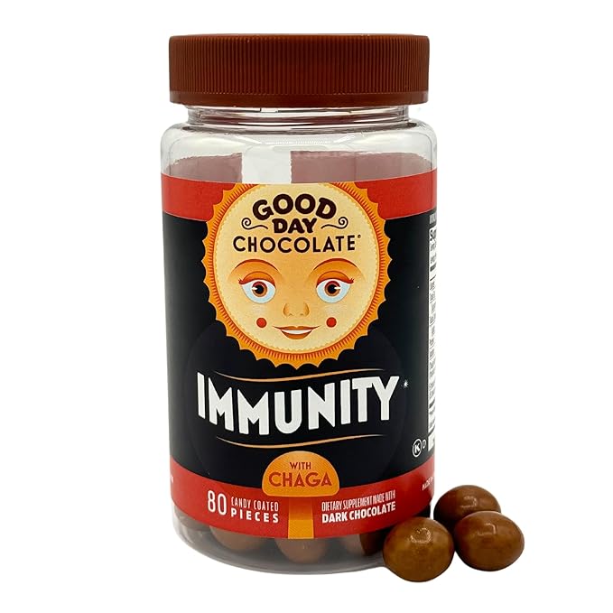 Good Day Chocolate Immunity: Dark Chocolate with Elderberry, Zinc & Chaga Mushroom for Immune Support. Delicious, easy, and effective immune-boosting daily supplements. 80 count