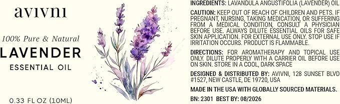 Avivni French Lavender Essential Oil - 100% Pure & Natural, Organic, Undiluted for Aromatherapy, Skin, Hair and Diffusers (0.33oz - 10ml)