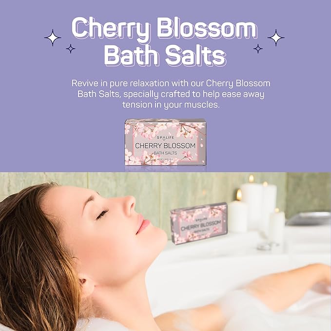 SpaLife Cherry Blossoms Gift Set - 5-Piece Bath and Shower Caddie, Bubble Bath, Shower Gel, Bath Salts, Body Lotion, Relaxing Luxury at Home Spa Experience, Perfect Mother's Day Bath Gift for Women