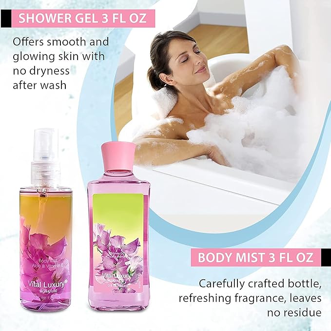 Sweet Pea Bath & Body Kit, 3 Fl Oz, Ideal Skincare Gift Home Spa Set, Includes Body Lotion, Shower Gel, Body Cream, and Fragrance Mist, Birthday Mother's Valentine's Day Gifts for Her