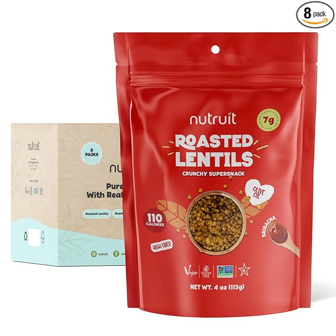 Nutruit Roasted Lentil Snacks - Tasty Snack Box with Vegan, Gluten Free, Non-GMO, High Protein, Low Calorie, Healthy On-The-Go Low Calorie Lentils Snacks - 4oz Packs (8-Pack Box) (8 Pack, Sriracha)