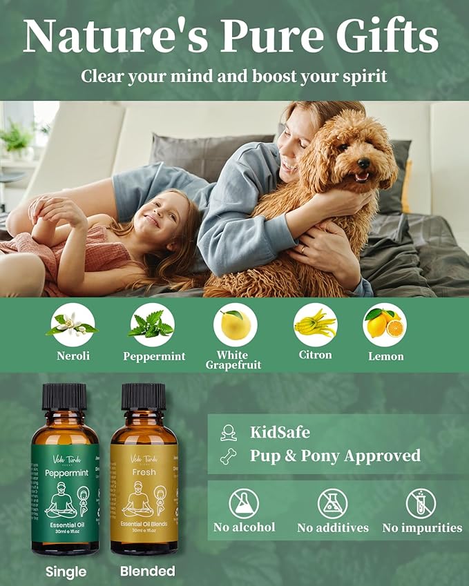 VTS Waterless Diffuser Starter Kit, Small Scent Air Machine for Home Bathroom Kitchen, Aromatherapy Gift Set (1 Fl Oz Peppermint Oil & 1 Fl Oz Fresh Scent Oil Blend & Portable Diffuser)