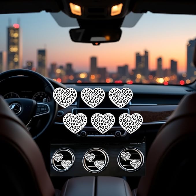 6 Pcs Heart Air Vent Clips, Cute Heart Car Air Fresheners Vents Clips Funny Cars Diffuser Vent Clips Cars Interior Decor Charm Cute Car Accessories,Decoration for Women Automotive (White Leopard)