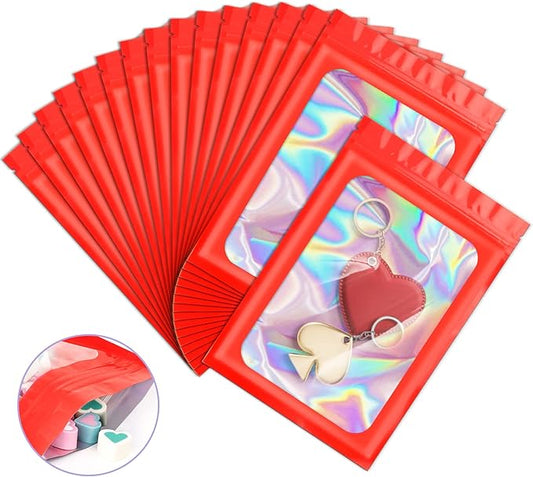 100 Pieces Smell Proof Mylar Resealable Bags, Holographic Packaging Bags, Resealable Odor Foil Pouch Zip Bag with Clear Window for Food Storage and Lipgloss, Jewelry Lash (Red, 3.1 x 5.1 Inch)