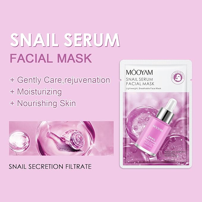12 Pack Snail Serum Sheet Masks,Facial Masks Skincare for Women,Hydrating & Moisturizing Face Masks for All Skin Types,Smooth,Nourishing,Lightweight