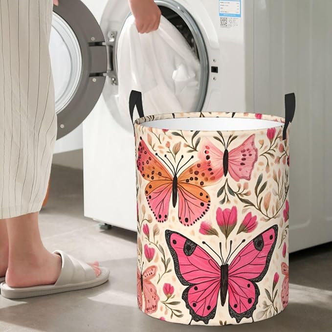 Laundry Basket Colored Pink Butterflies Collapsible Large Capacity,Dirty Clothes Basket Durable Lightweight Hamper With Handles Ideal For Clothes,Toys Home Organization size19.6iN *15.7in,63L