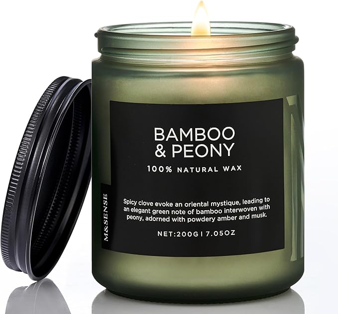 M&SENSE Bamboo Peony Spring Jar Candles for Home Scented Natural Organic Soy Candle Gifts for Women, 7.05oz 50 Hour Hours Burn Fresh Smelling Aromatherapy Gifts for Stress Relief