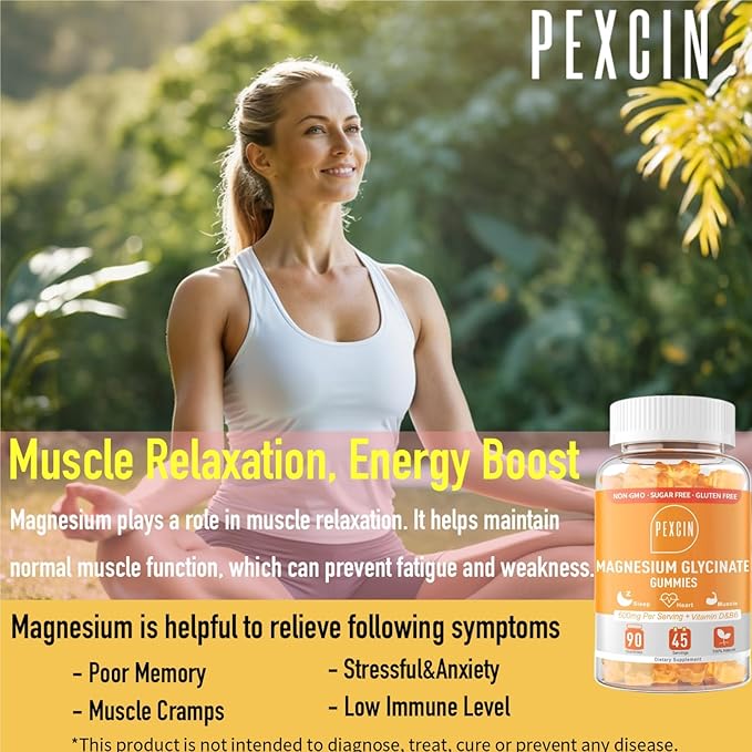 Magnesium Glycinate Gummies for Adults & Kids, 1000mg High Absorption Magnesium Complex Supplement, Sugar Free with Potassium,Vitamin D&B6 for Calm, Better Sleep - 90 Counts Orange