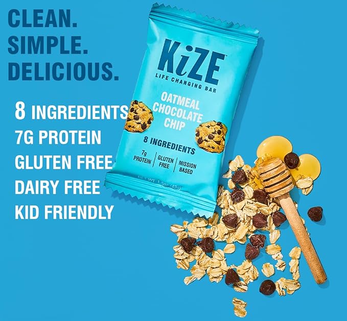 KiZE Energy Bars - Oatmeal Chocolate Chip - 30-Count - Gluten Free, Dairy Free, Non-GMO, and High Protein Meal Replacement Energy Bars, Clean and Simple Food Ingredients - 7g High Protein Snacks (30 Count)