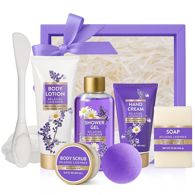 Gifts for Women, 8 piece Lavender Gift Sets for Women with Bubble Bath, Relaxing Spa Gifts for Wife, girlfriend and Mom, Bath Gift Baskets Set with Body Scrub, Body Lotion, Hand Cream and Soap