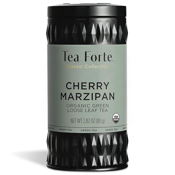 Tea Forte Cherry Marzipan Premium Organic Loose Leaf Caffeinated Green Tea Blend Canister, Makes 35-50 Cups