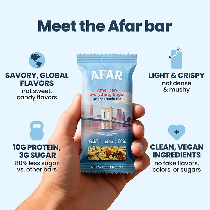 Afar Savory Protein Bars – Low Sugar, High Protein – Healthy Snacks for Adults – Meal Replacement Bar – Rice Crispy Texture – Vegan, Gluten Free (8 Bars, American Everything Bagel)