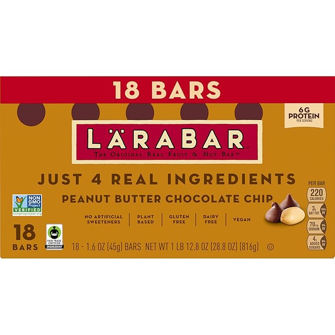Larabar Peanut Butter Chocolate Chip, Fruit and Nut Bars, Gluten Free and Vegan, 28.8 oz, 18 Ct