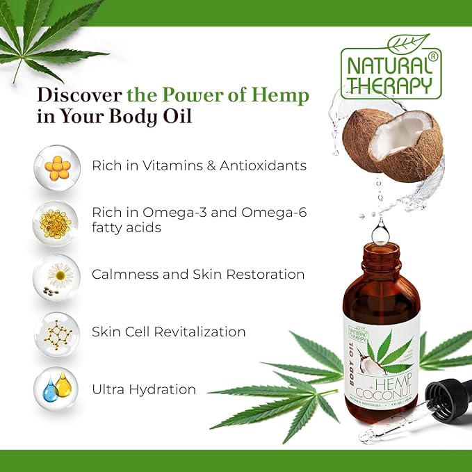 Natural Therapy Hemp & Coconut Body Oil – Moisturizing Body Oil – Hydrate & Soften Skin – Increase Skin Elasticity and Provide Anti-Aging Support (4 Fl.Oz)