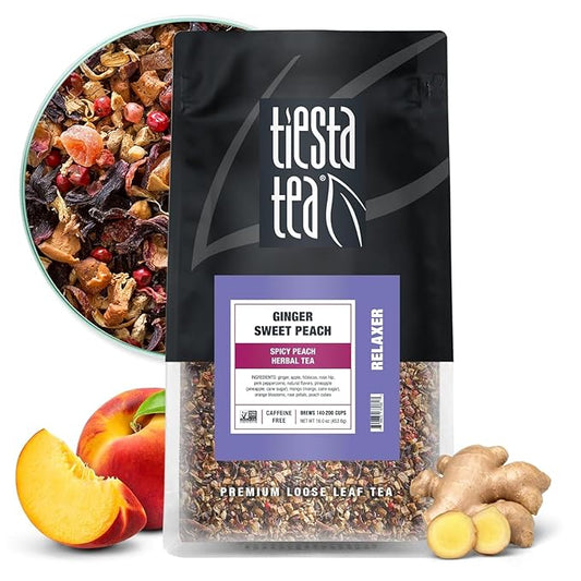 Tiesta Tea - Ginger Sweet Peach, Spicy Peach Herbal Tea, Tranquility Blend, Loose Leaf, Non-Caffeinated Hibiscus & Cane Sugar, Brews Up to 200 Cups, 16oz Bulk Pouch