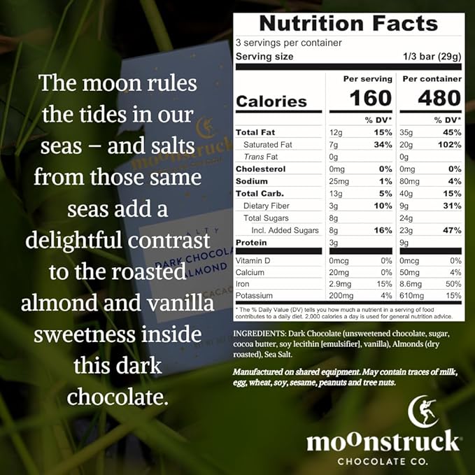 Moonstruck Chocolate Dark Chocolate Bar with Sea Salt and Almonds, 68% Cacao, 3.0oz (Pack of 12)