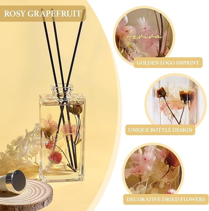 Reed Diffuser Set, 5 fl oz Rose Grapefruit Scented Oil Diffuser, Home Fragrance with Cotton Reed Sticks for Bedroom, Office, Bathroom Shelf Decor & Gifts