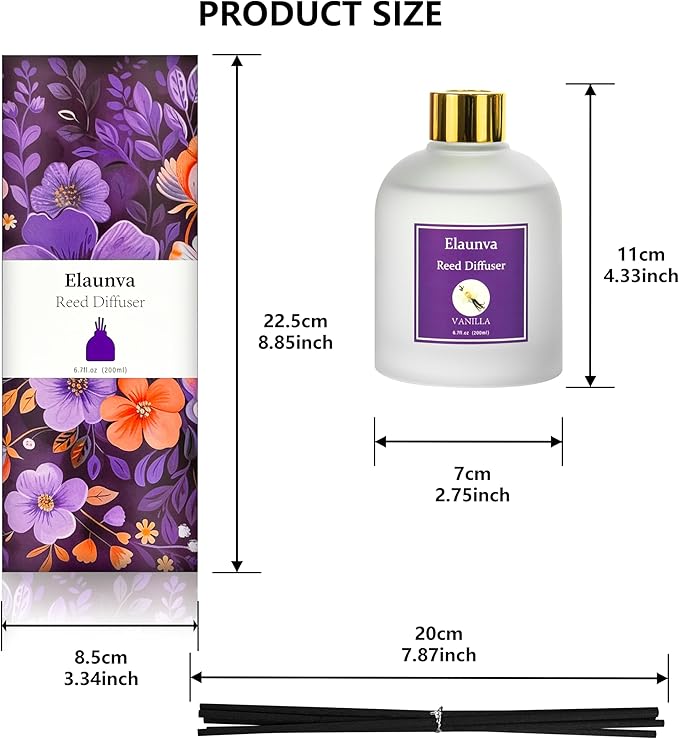 Vanilla Reed Diffuser Sets,6.7fl oz(200ml) with 8 Sticks,Fragrance/Aromatherapy for Livingroom/Office/Kitchen/Entryway/Bathroom,Gift Set,Shelf Decor,Home Accessories,Air Freshener(Vanilla)