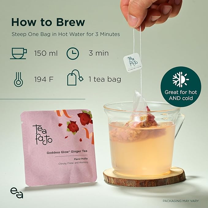 Tea Facto Goddess Glow* Ginger Tea Bags with Dried Ginger Roots, Tangerine Peels, Rose Petals, Dried Apples - Natural Fiber, Zero Added Sugar, Zero Caffeine - 10 Count