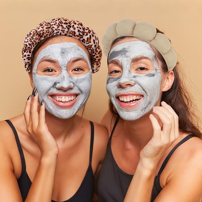 AMCAMI 2 PCS Puffy Spa Headband for Women Sponge Headbands for Girls Terry Towel Cloth Fabric Head Band for Face Washing (Brown & leopard print)