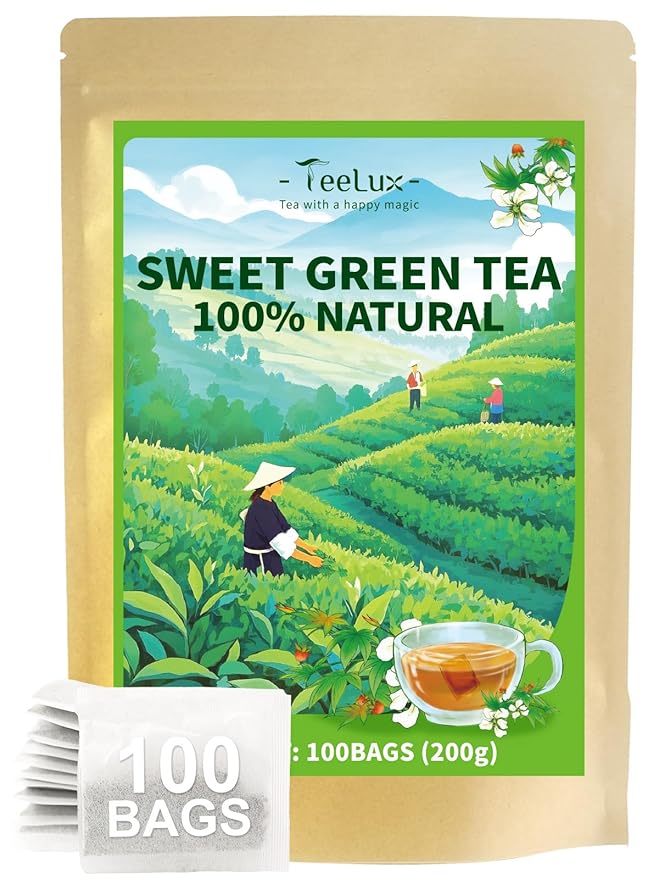 TeeLux Sweet Green Tea Bags, Green Tea Blended with Natural Sweet Tea, Brisk & Sweet Taste, Zero Sugar, 100 Count