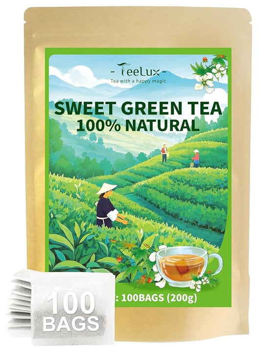 TeeLux Sweet Green Tea Bags, Green Tea Blended with Natural Sweet Tea, Brisk & Sweet Taste, Zero Sugar, 100 Count