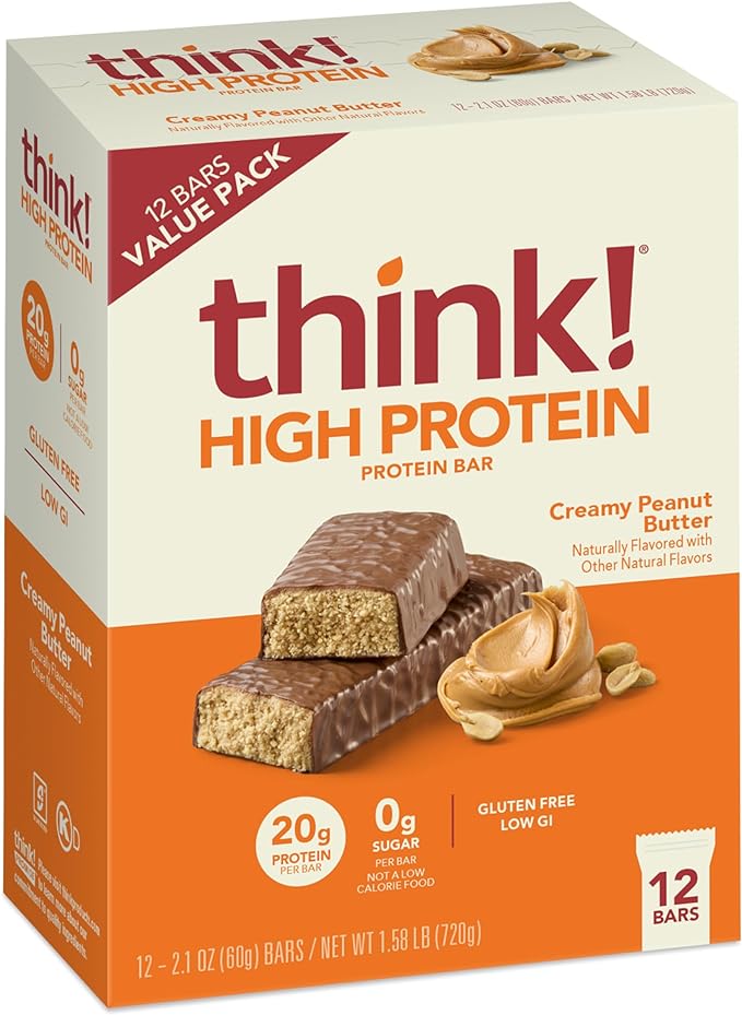 think! Protein Bars, High Protein Snacks, Gluten Free, Kosher Friendly, Creamy Peanut Butter, Nutrition Bars, 2.1 Oz per Bar, 12 Count (Packaging May Vary)