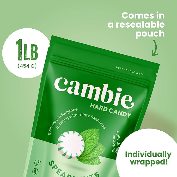 Cambie Sugar Free Mints, 1 lb of Sugar Free Hard Candy, Spearmints Individually Wrapped with a Refreshing & Sweet Spearmint Flavor, Packaged Fresh in a Resealable Pouch
