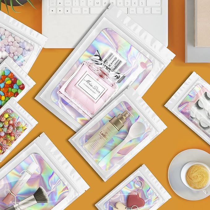 100 Pieces Smell Proof Mylar Bags, Holographic Packaging Bags, Resealable Odor Foil Pouch Zipper Bag with Clear Window for Food Storage and Lipgloss, Jewelry Lash (White, 6.3 x 9.4 Inch)