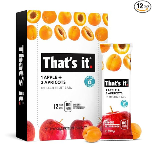 That's it. Apple + Apricot 100% Natural Real Fruit Bar, Best High Fiber Vegan, Gluten Free Healthy Snack, Paleo for Children & Adults, Non GMO No Added Sugar, No Preservatives Energy Food (12 Pack)
