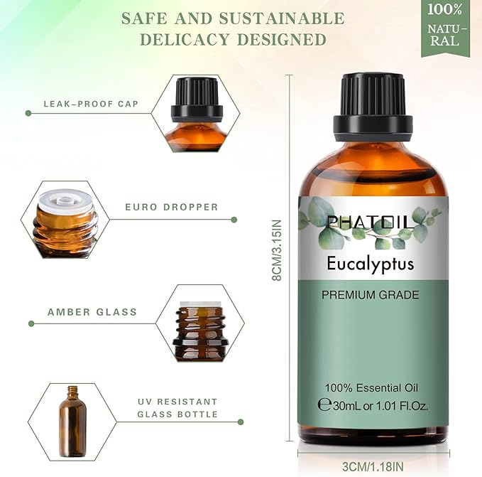 PHATOIL Eucalyptus Essential Oil 30ML, Pure Eucalyptus Essential Oils for Diffuser, Humidifier, Aromatherapy, Perfect for DIY Soap, Candle, Bath Bombs Making