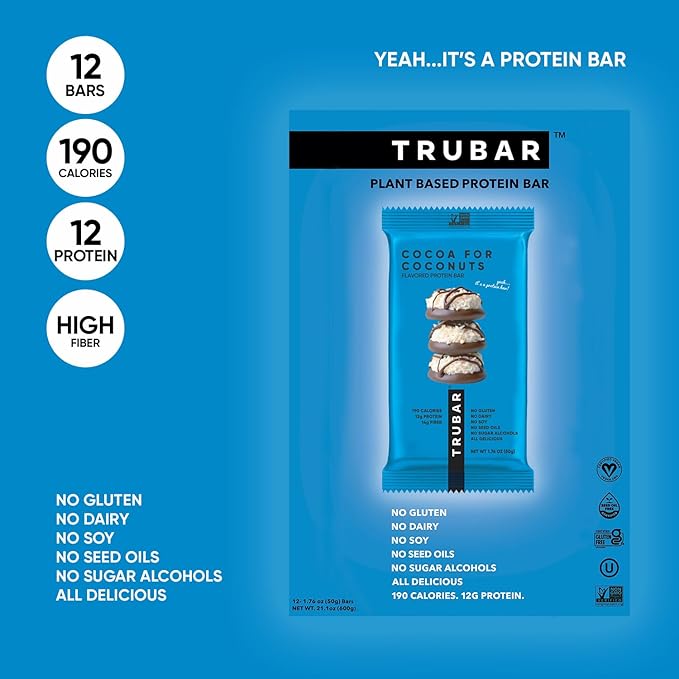 TRUBAR Vegan Protein Bar, Cocoa For Coconuts, Gluten Free, Plant Based Protein, Dairy Free, Non GMO, Soy Free, No Sugar Alcohols, 12G Protein, 12G Fiber, 23G Carb, On the Go Snack Bars, 12ct