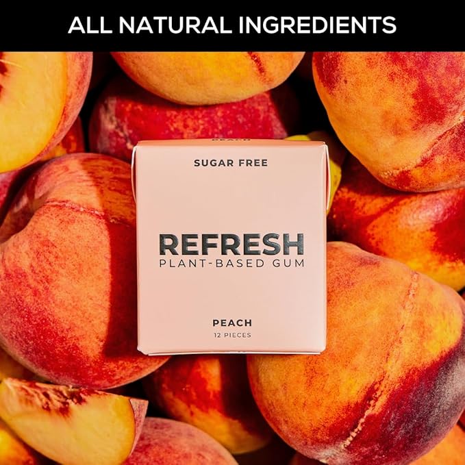 Refresh Gum, Xylitol, Natural, Sugar Free, Plastic Free, Natural Flavors & Organic Ingredients, Plant-Based, Low Calorie, Non GMO, Gluten Free, Vegan, Peach Flavor, 12 Pieces, 12 Pack