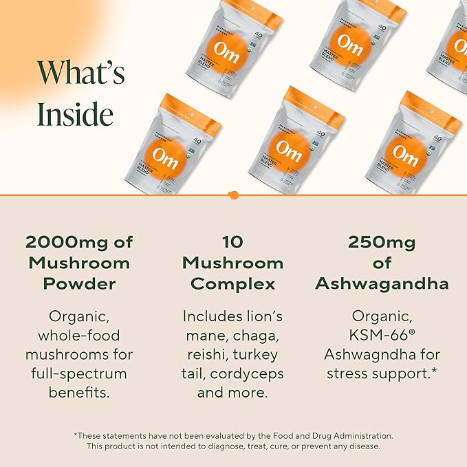 OM Master Blend Mushroom Powder – Organic Mushroom Supplement with 10 Mushrooms and Ashwagandha - Support Immunity, Gut Health & Stress Relief, 3.17 oz (40 Servings)