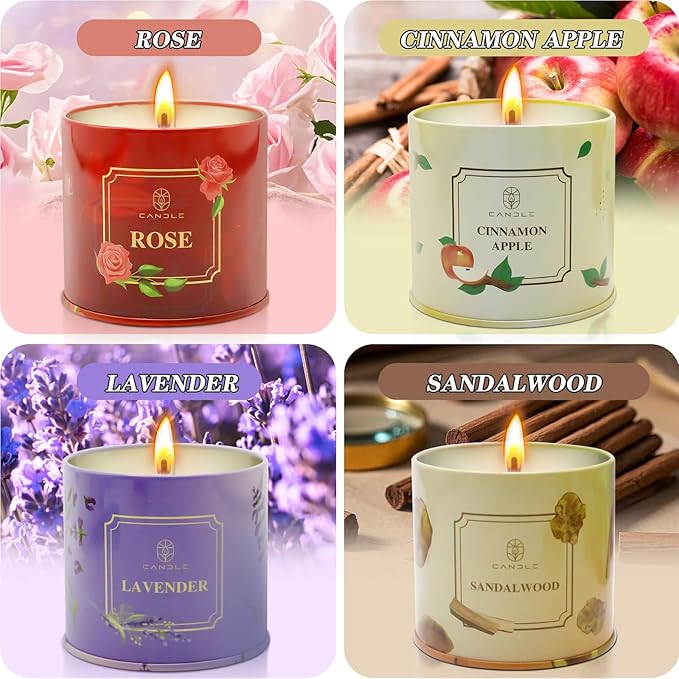 Scented Candles Gift for Women,4 Pack Natural Soy Wax Candles Long Lasting Rose Lavender Sandalwood Apple Cinnamon Fragrance Gift for Mothers Day, Birthday, Thanksgiving Day, Christmas, Valentines Day