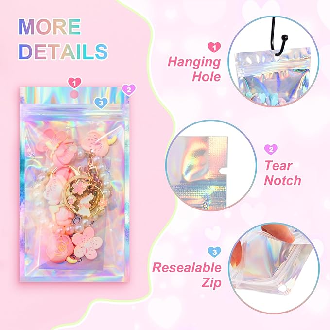 ANZNKU 100 Pack Mylar Bags Reasealable Holographic Bags, Smell Proof Bag Zipper Pouches with Clear Window, Jewelry Candy Sealable Bag for Packaging Sample Party Favor (3.9 x 7.1 Inch)