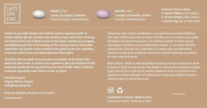 Energize with Awake: Lavender, Chamomile, Jasmine. Relax with Dream: Lemon, Eucalyptus, Grapefruit. 10-Piece Shower Steamer and Shower Bombs Aromatherapy Gift Set with Burlap Bag