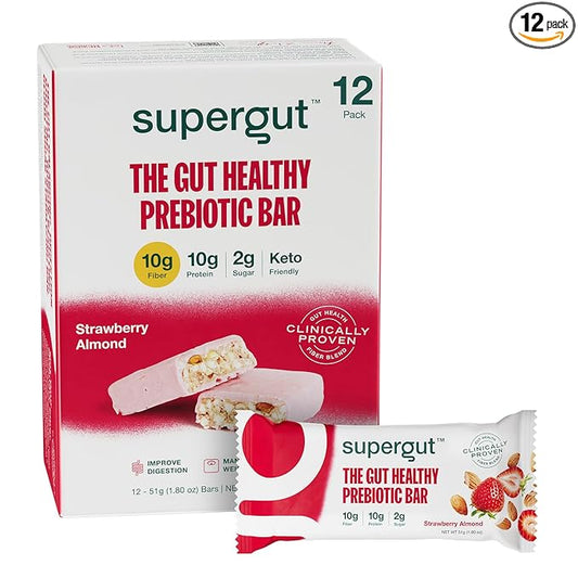 Supergut GLP-1 Boosting Prebiotic Bars, Strawberry Almond - Gut Healthy Protein Snacks & Breakfast Bars - Keto-Friendly Meal Replacement Energy Bars for Gut Health (12 Count)