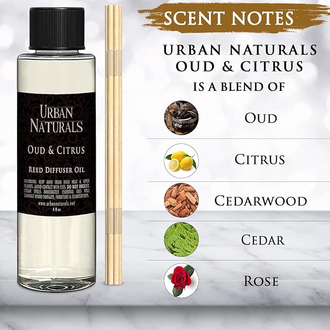 Urban Naturals Reed Diffuser Oil Refill, Oud & Citrus Diffuser Oils with Oud, Cedar, Citrus, Amber, 4 oz + Free Reed Sticks, Made in The USA