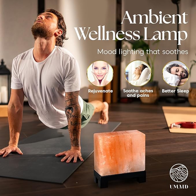 UMAID Himalayan Salt Lamp Rectangle, Natural Pink Rock Lamp on Modern Wood Base with Night Light Bulb and Dimmable Cord, Unique Home Decor, Zen Gifts, Perfect for Spa and Meditation Accessories