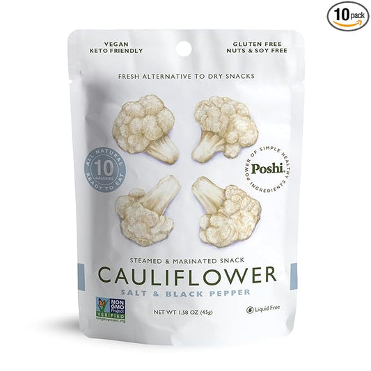 POSHI Marinated Cauliflower Florets Snack Pack | Salt + Pepper | Keto, Vegan, Paleo, Non GMO, Low Carb + Calorie, Gluten Free, Fully Cooked Vegetables, Gourmet, Healthy, All Natural (10 Pack, 1.58 oz)