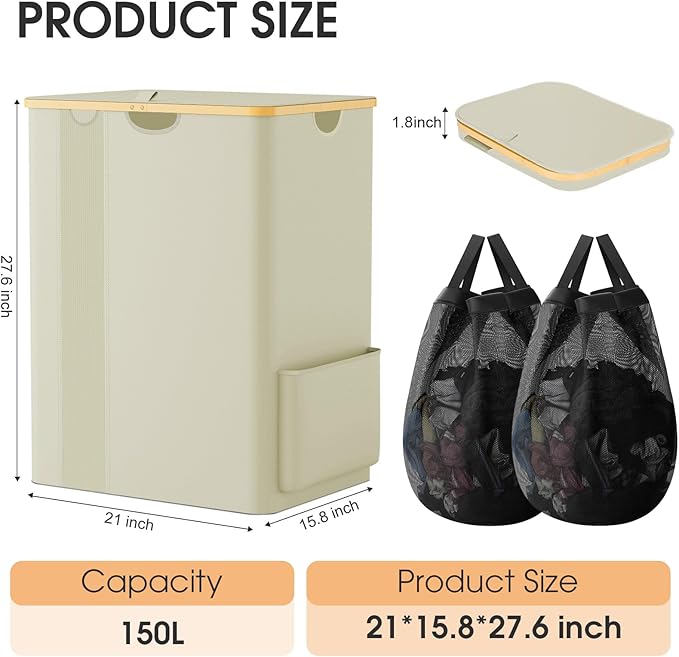 Laundry Basket Clothes Hamper with Lid and Pocket Large Collapsible Laundry Baskets with Handle, Freestanding Hampers for Bedroom Aesthetic, Dorm, Bathroom, Laundry Room (150L, Beige)