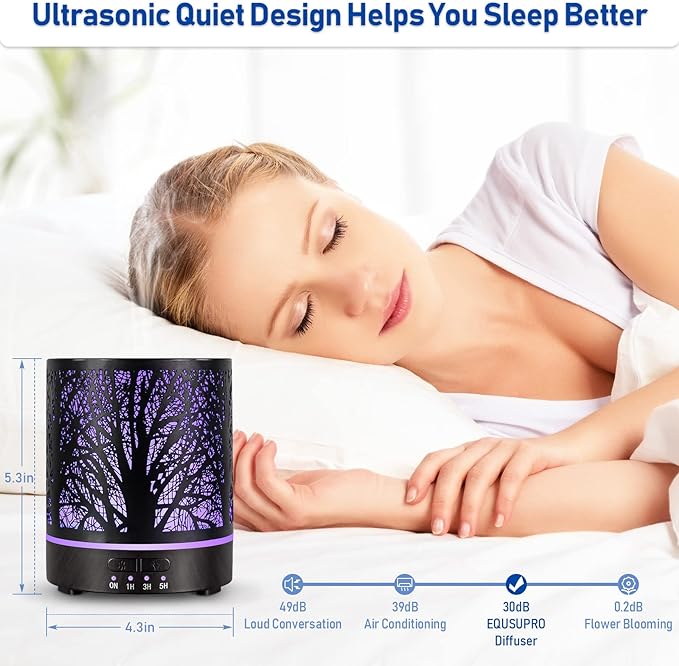 Essential Oil Diffuser Aromatherapy Diffuser -300ml Metal Electric Ultrasonic Cool Mist Oil Diffuser for Large Room with Waterless Auto Shut-Off, 4 Timer Setting &7 Colors Night Light for Home Office