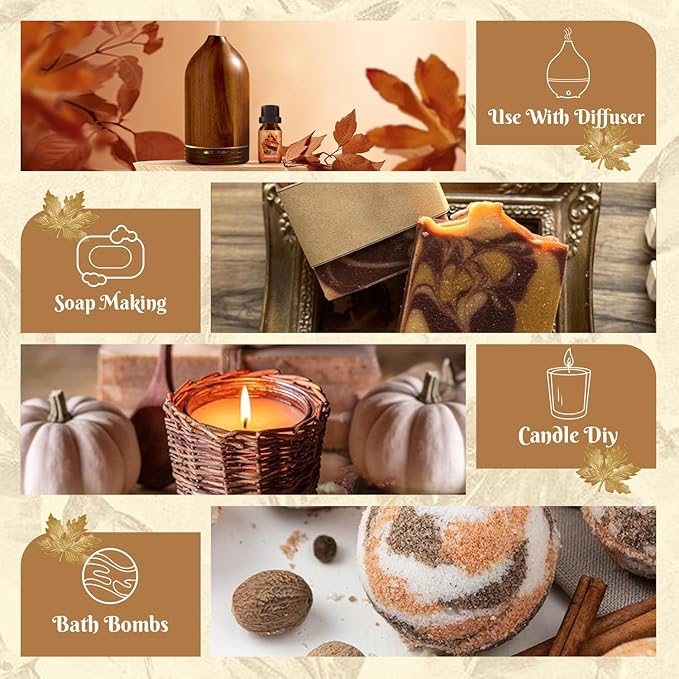 Autumn Essential Oil Set, Fragrance Oil Set for Diffuser, Soap & Candle Making, Humidifiers - Apple Spice, Pumpkin Pie, Pine, Cinnamon, Vanilla, Snickerdoodle Scents Oils for Home Care 6x10ml