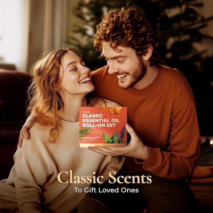 Gya Labs Classic Roll on Essential Oils Set - 100% Pure Natural Frankincense, Peppermint, Lavender, Tea Tree Oil Rollers for Skin & Body Comfort, Relaxing Gift for Women (0.34 Fl Oz Each)