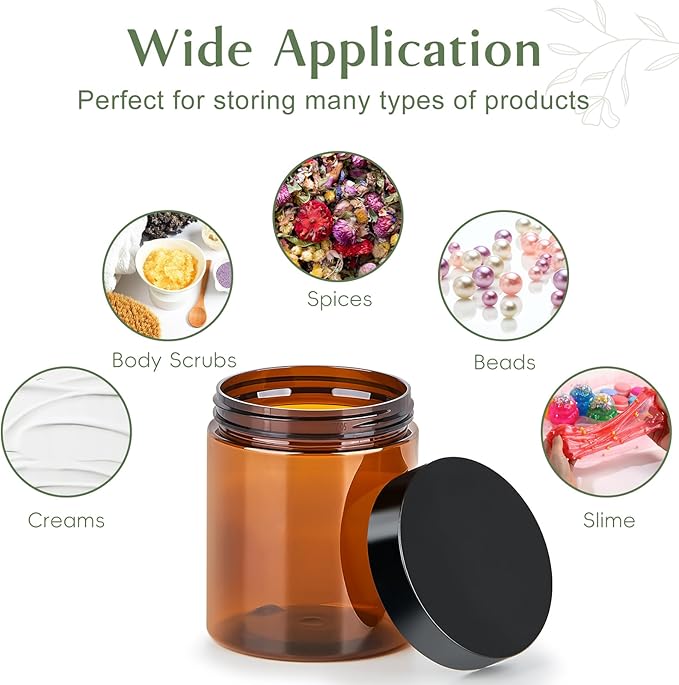 Qeirudu 8 oz Amber Plastic Jars with Lids and Labels, 12 Pack Empty Brown Body Butter Containers for Body Scrub, Cosmetic Beauty Products, Creams and Lotion