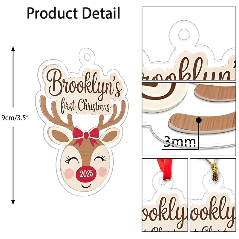 Personalized Reindeer Baby’s First Christmas Ornament, New Baby Christmas Gift for Baby Shower, Family Keepsake, Baby’s 1st Xmas Decoration Acrylic Ornament – Personalized