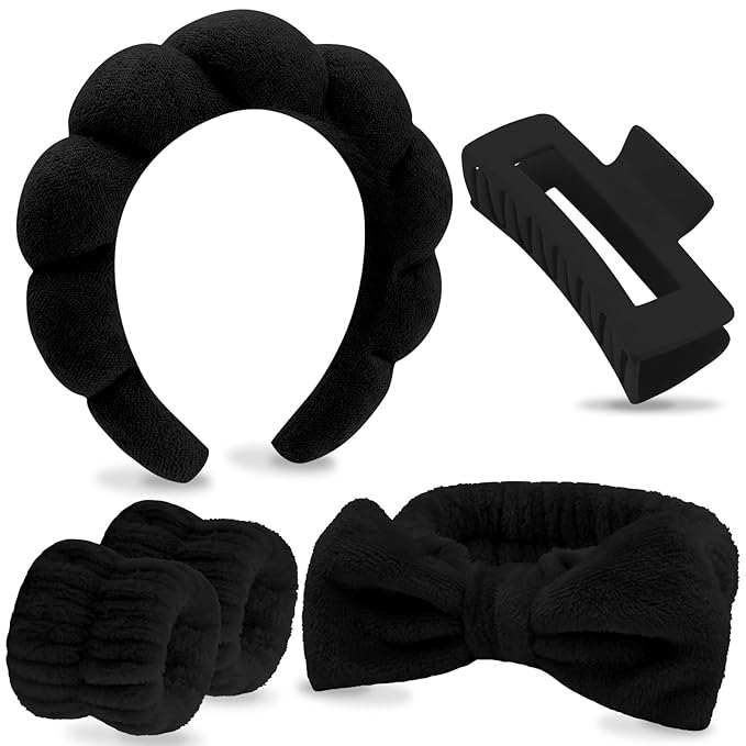 VELSCRUN Spa Headbands for Wash Face, Makeup Headband, Facial Skincare Headbands, 5 Pcs Black Puffy Sponge Spa Headband Bow Tie Hair Band Hair Clips Wristband Set Women Girls Accessories
